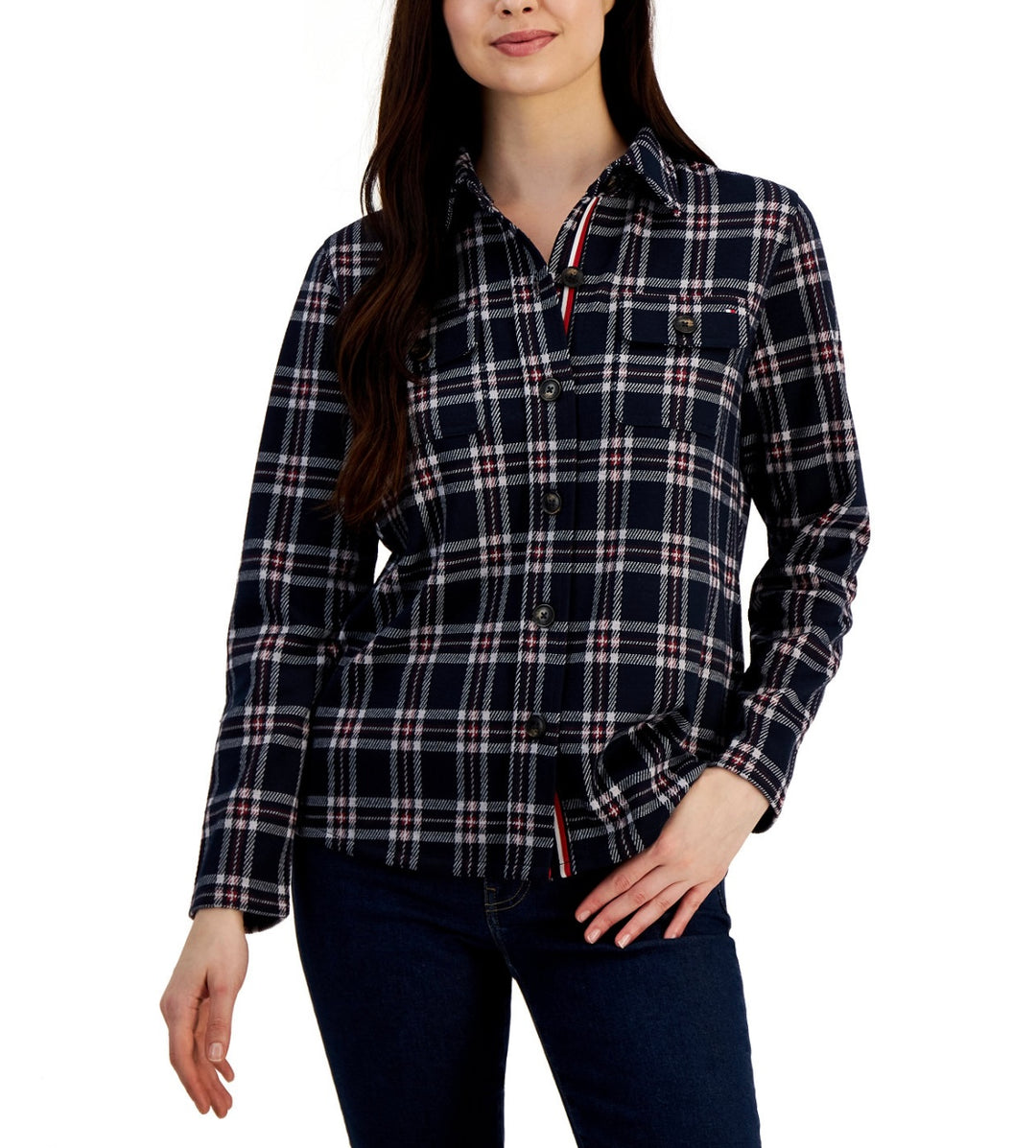 Tommy Hilfiger Women's Embroidered Flag Logo Collared Plaid Shirt Jacket