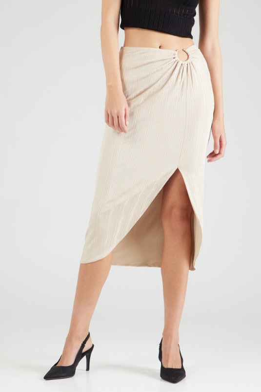 Guess Women's Cristina Ribbed Side-Slit Midi Skirt Safari Tan Foil Size L