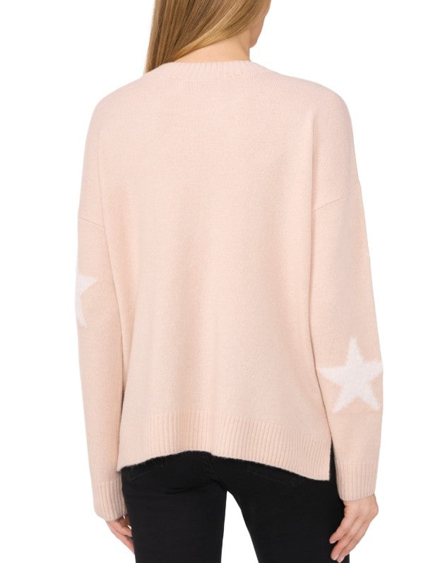 CeCe Women's Star-Print Long-Sleeve Crewneck Sweater Blushing Size L