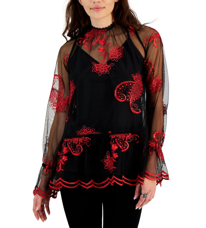 Fever Women's Printed-Embroidered-Mesh Long-Sleeve Top Black Size S