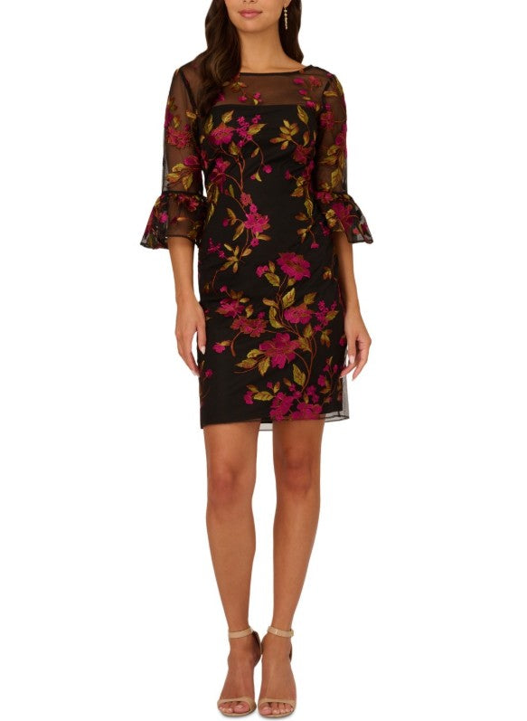Adrianna Papell Women's Floral Embroidered Flare-Sleeve Sheath Dress Size 2