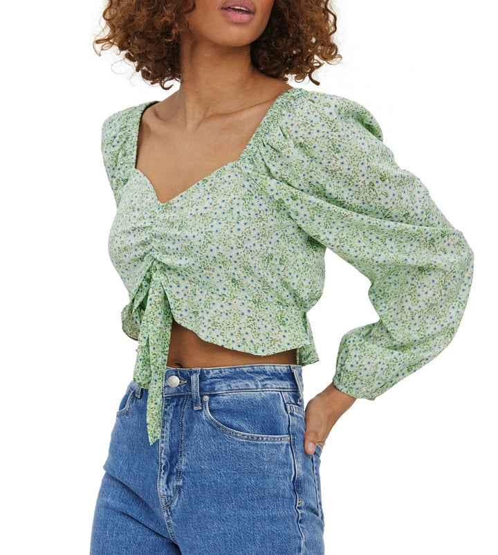 Vero Moda Women's Henna Floral Cropped Tie Front Top Green Holl