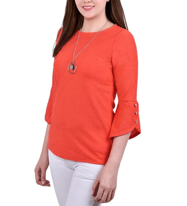NY Collection Women's 3/4 Tulip Sleeve Top with Necklace Petite Size PXL