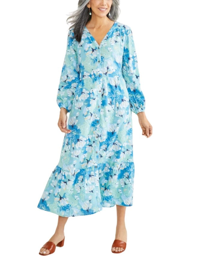 Style & Co. Women's Printed Linen Tiered Midi Dress Arles Floral Teal