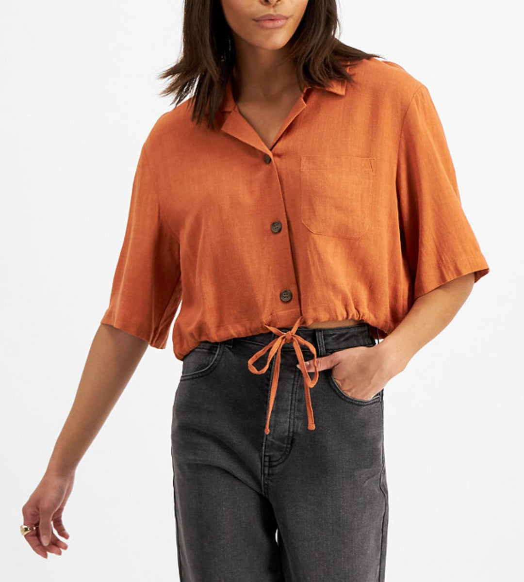 And Now This Women's Point Collar Tie-Hem Cropped Shirt Rust Size S