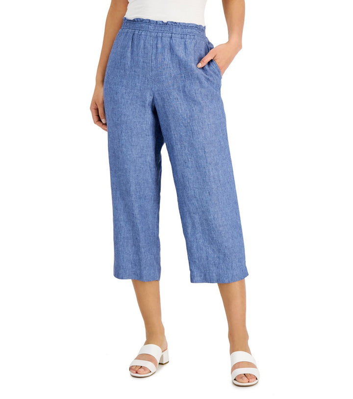 Charter Club Women's Linen Cropped Pull-On Pants Blue Ocean Size M