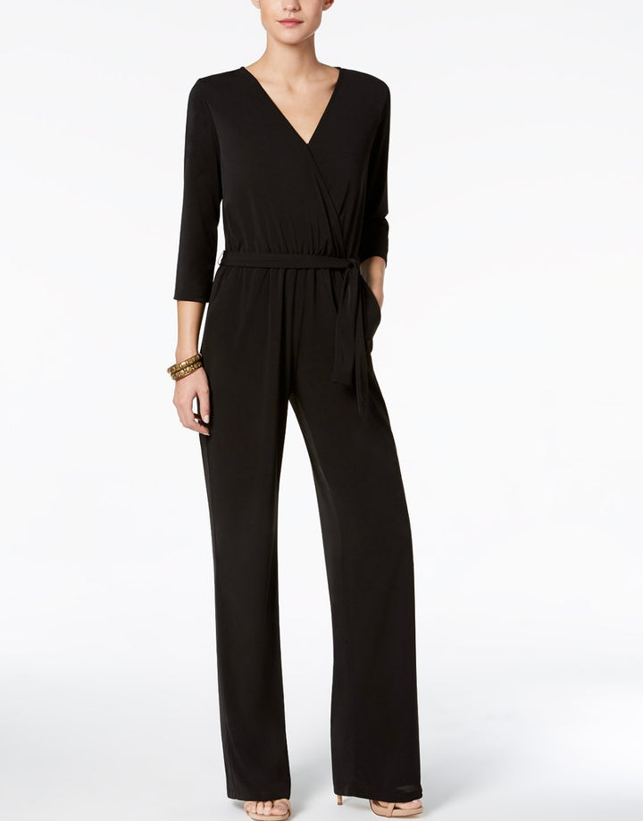 NY Collection Women's 3/4 Sleeve Belted Wide Leg Jumpsuit Petite Size PXS