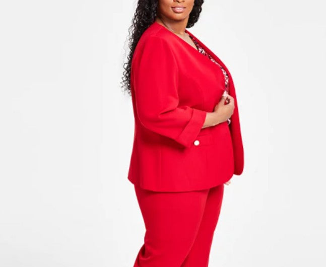 Kasper Women's Side Welt Pockets Open-Front Jacket Fire Red Plus Size 24W