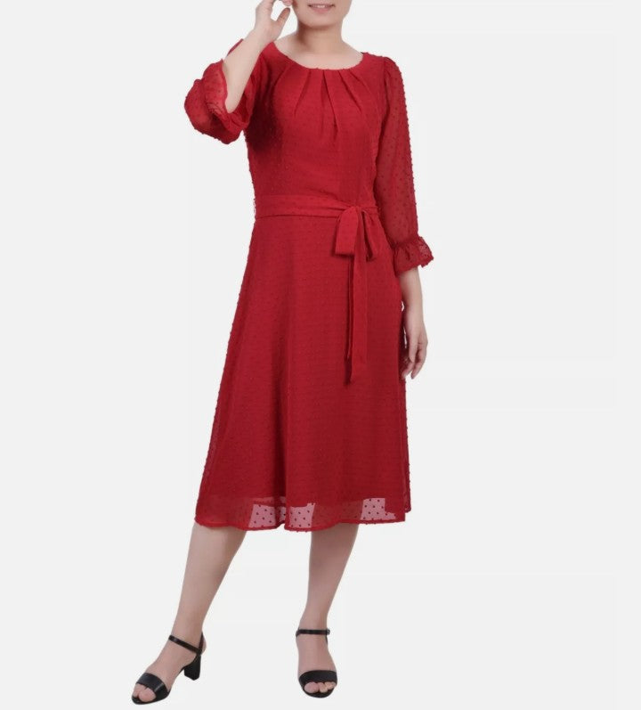 NY Collection Women's 3/4 Sleeve Belted Swiss Dot Dress Red Size XL