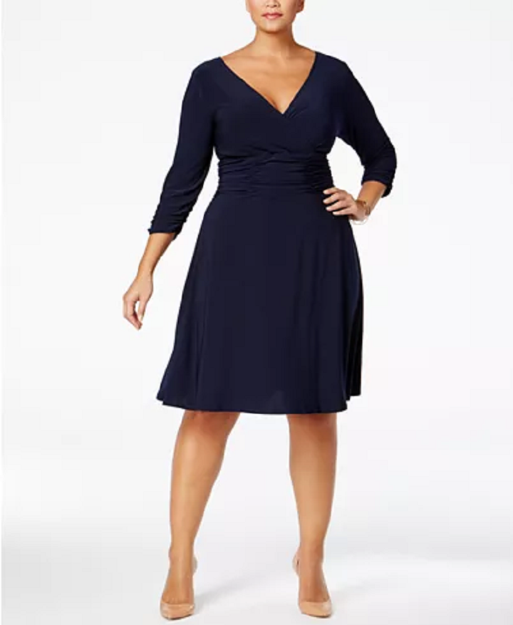 Ny Collection Women's Plus Ruched A-Line Dress 3/4 Sleeve Navy Size 2X