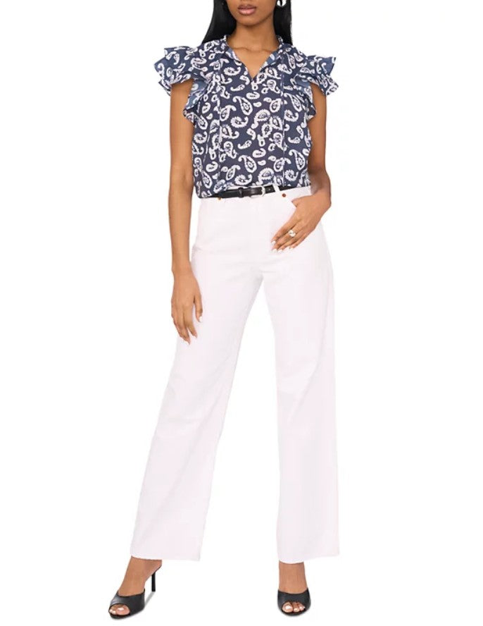 1.State Women's Printed Tie-V-Neck Flutter-Sleeve Top Navy Size S