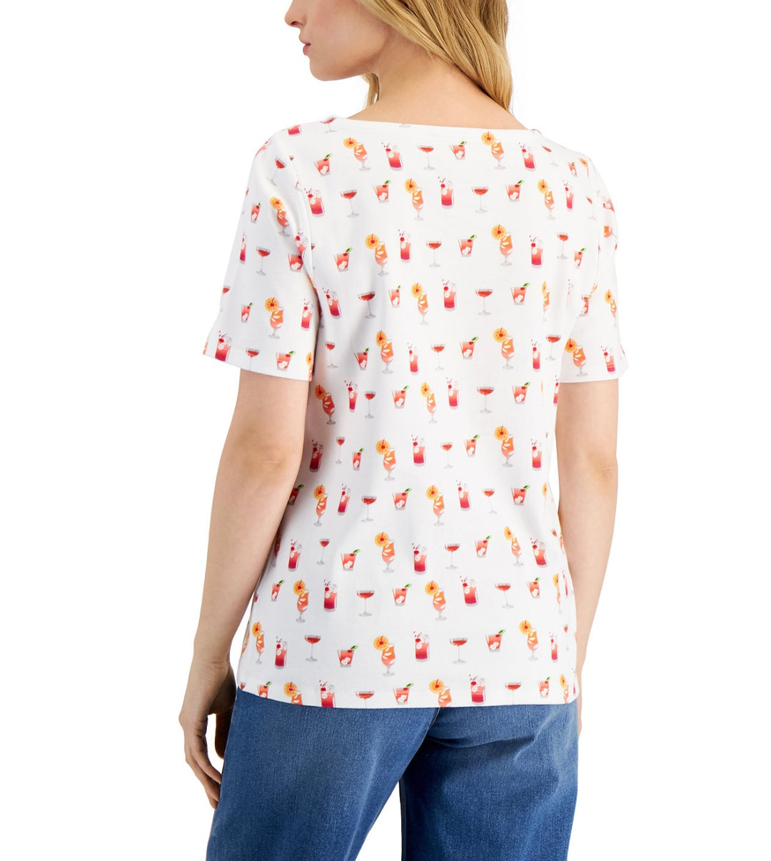 Charter Club Women's Boat Neckline Short Sleeve Cotton Printed Top Bright White