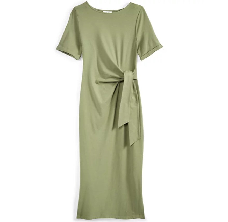 On 34th Women's Short Sleeves Crewneck Wrap Tie Dress Olivine Size M