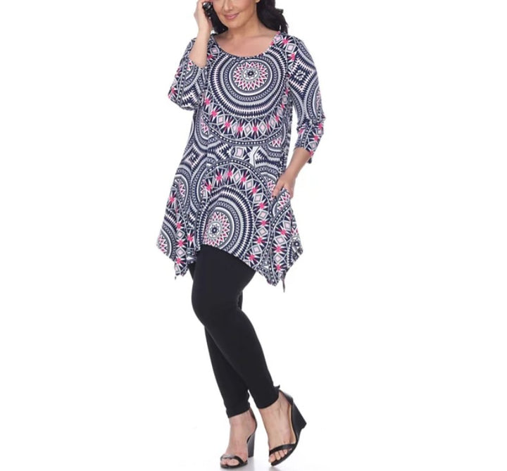 White Mark Women's Scoop Neck 3/4 Sleeve Maji Tunic Top Red Geo Plus Size 1XL