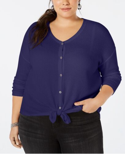 Style & Co. Women's Midnight Iris Purple V-Neck Thermal Tied Top