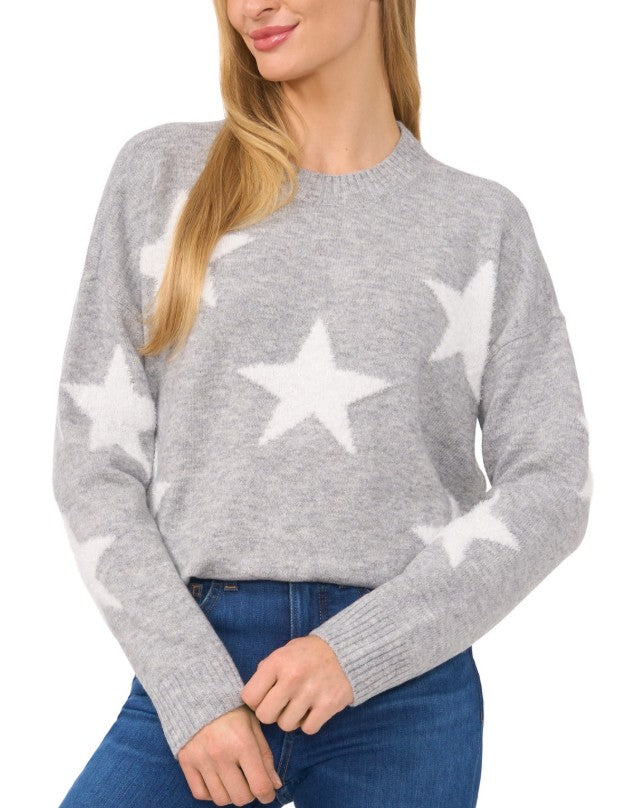 CeCe Women's Star-Print Long-Sleeve Crewneck Sweater Light Heather Grey Size M