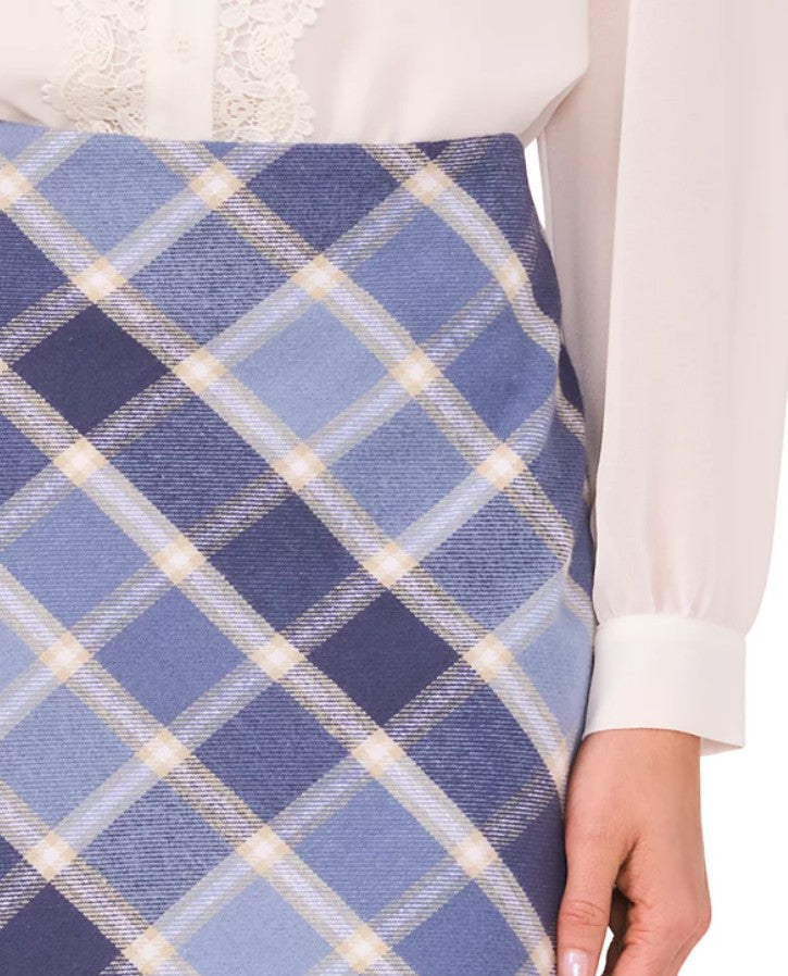 CeCe Women's Cotton Plaid A-Line Back-Zip Mini Skirt Niagara Blue