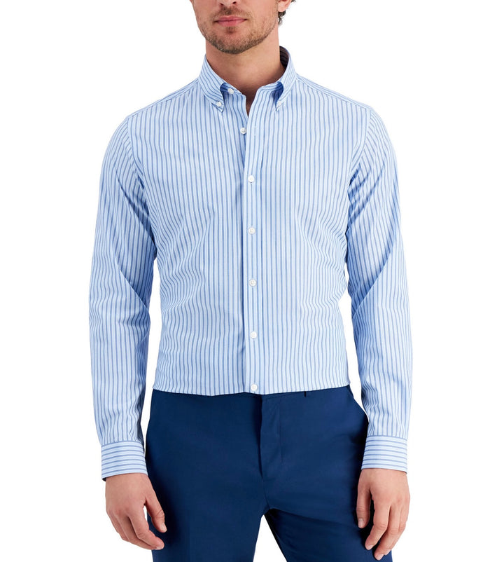 Club Room Men's Slim Fit 4-Way Stretch Stripe Dress Shirt Light Blue White