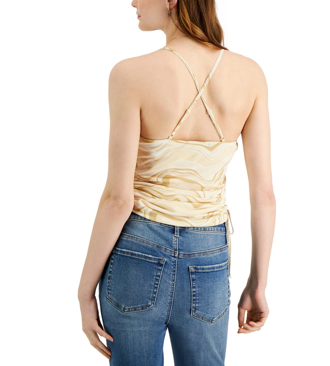 Crave Fame Juniors' V-Neck Ruched X-Back Cami Top Birch Combo Size M