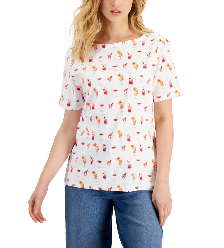 Charter Club Women's Boat Neckline Short Sleeve Cotton Printed Top Bright White