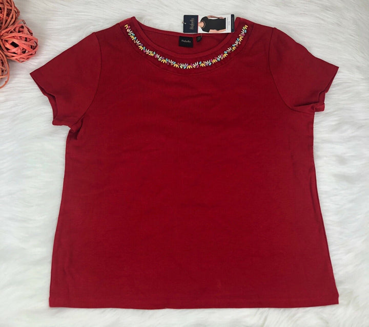 Rafaella Women's Red Knit Top Embellished Beaded Short Sleeve