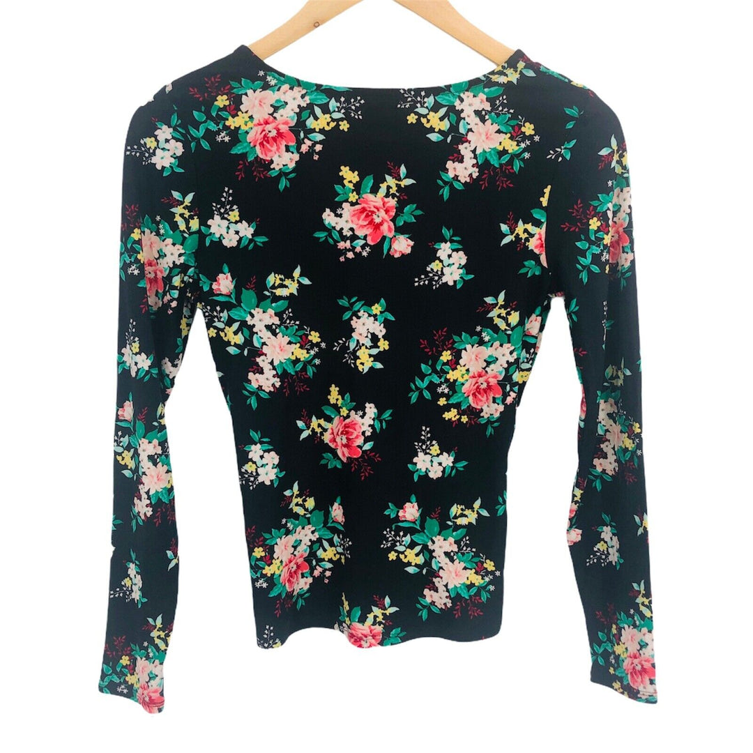 Juniors' Long Sleeve Knot Front Top Black Floral Print