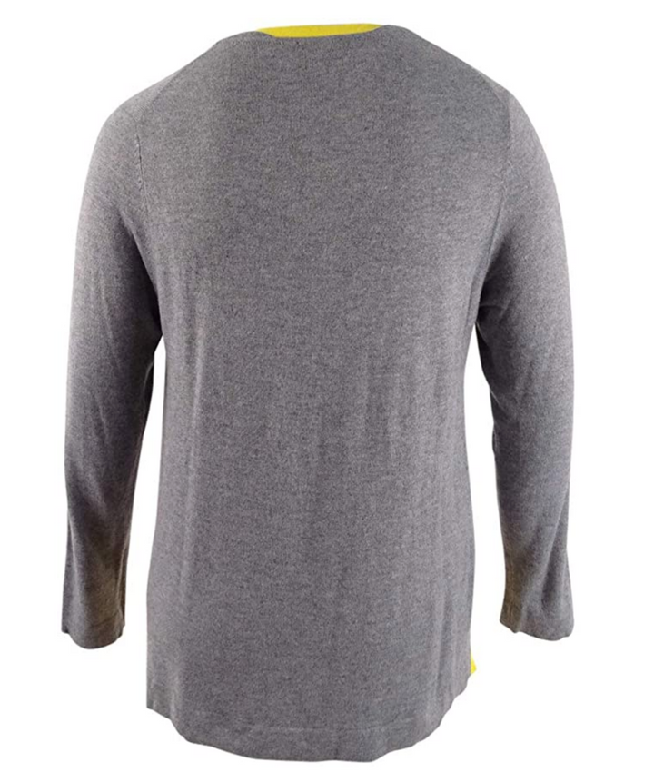 Women's Sweater Gray Contrast Trim Split Hem Long Sleeve