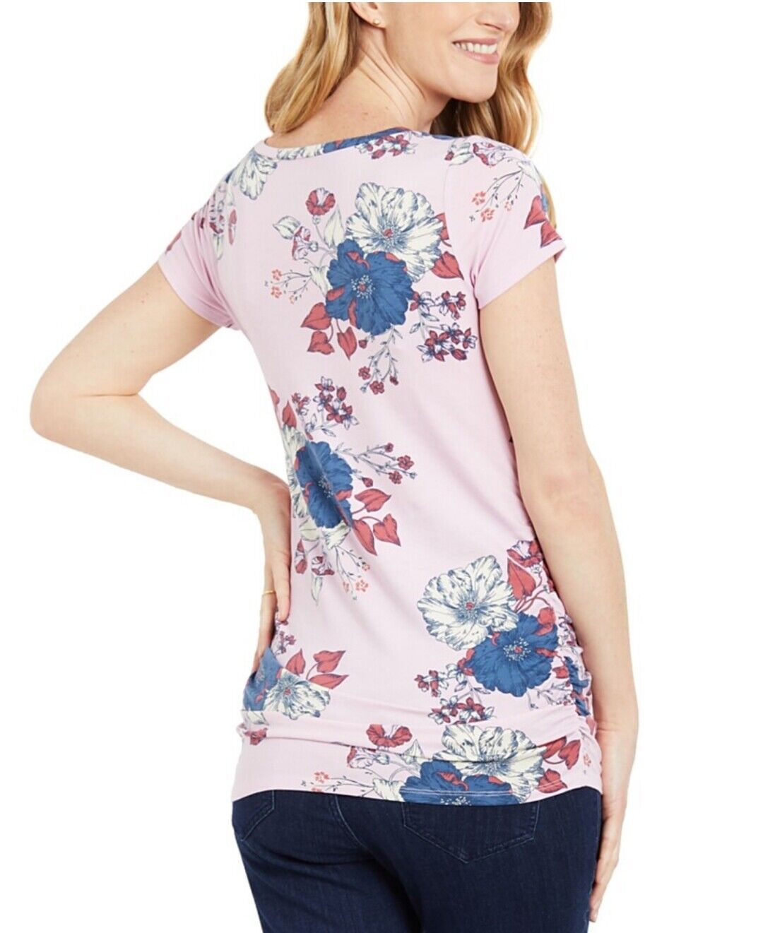 Motherhood Maternity Women's Ruched T-Shirt Pink Floral V-Neck Stretch