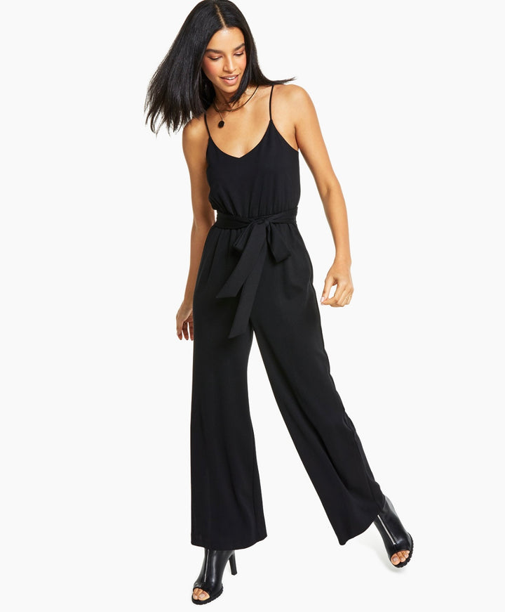 Bar III Women's Scoop Neckline Belted Wide-Leg Jumpsuit Black Size M