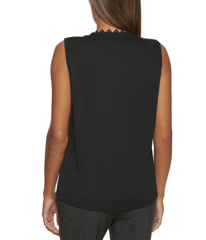 Calvin Klein Women's Sleeveless Button-Down Lace Trim Blouse Black Size S