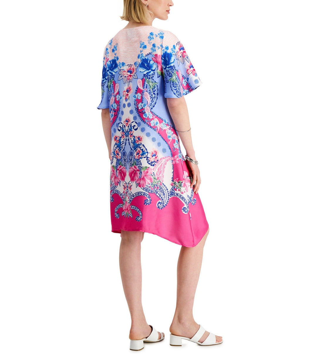 JM Collection Women's Short Sleeve V-Neck Floral Printed Swing Dress Fuchsia Tulipan