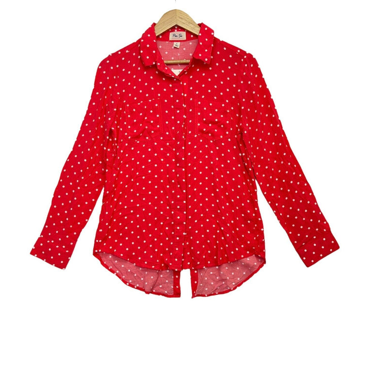 Per Se Women's Shirt Coral Polka Dot Button Down Long Sleeve Top