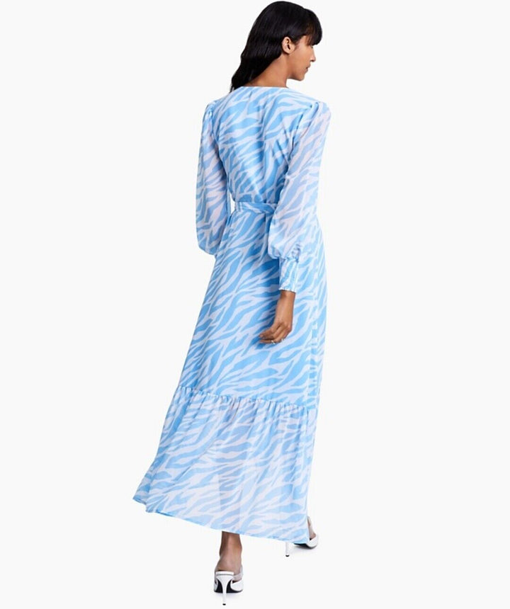 Women's Tiger Dusk Blue Print Wrap Maxi Dress Long Sleeve