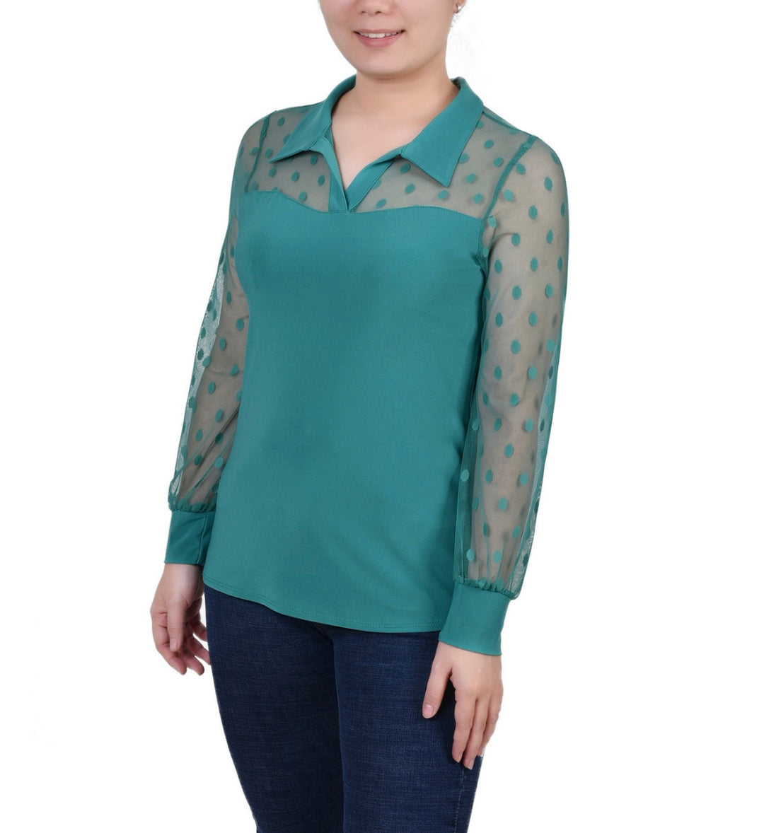 NY Collection Women's Mesh Long Sleeve Point Collar Top Green Petite Size PL