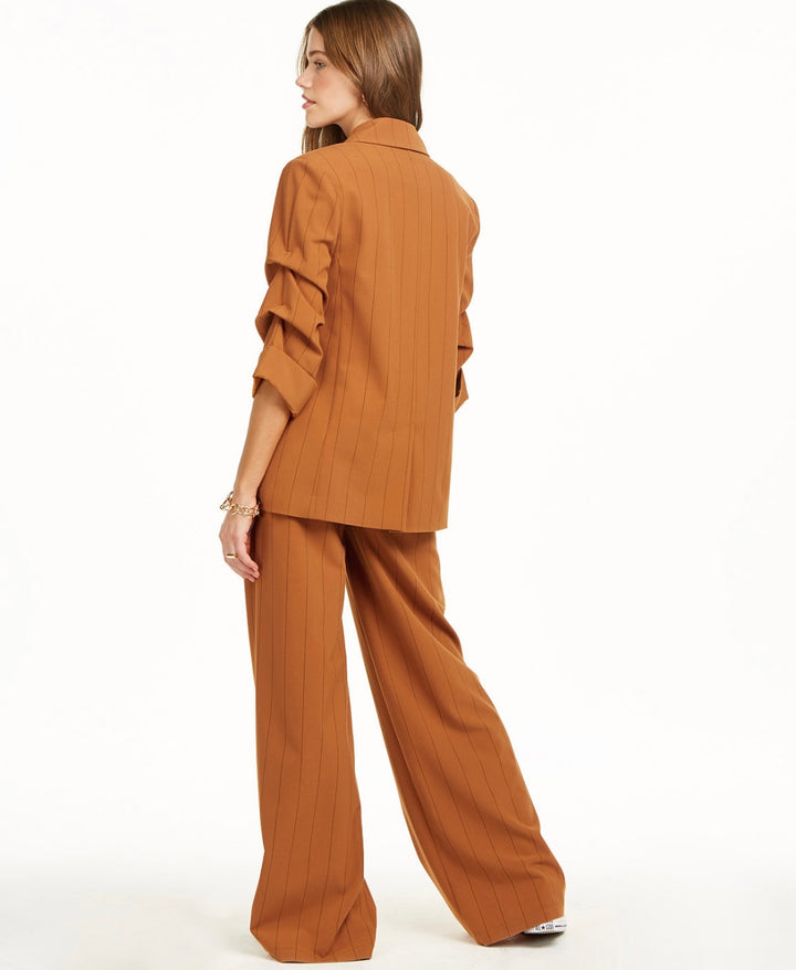 Danielle Bernstein Women's Pinstripe 3/4 Ruched Sleeves Two-Button Blazer