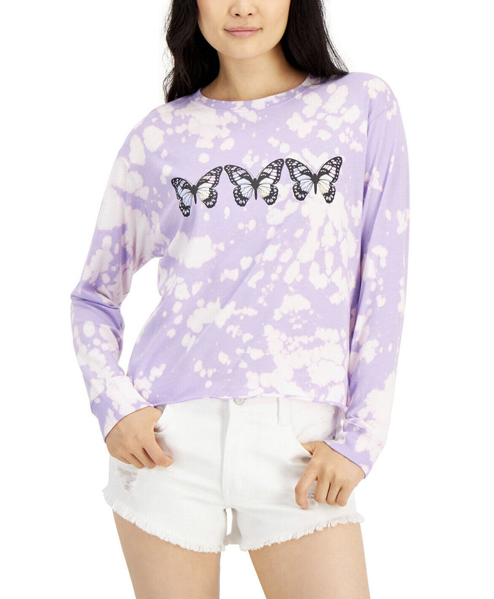Juniors' Tie-Dyed Butterfly Cropped Graphic Top Lavender
