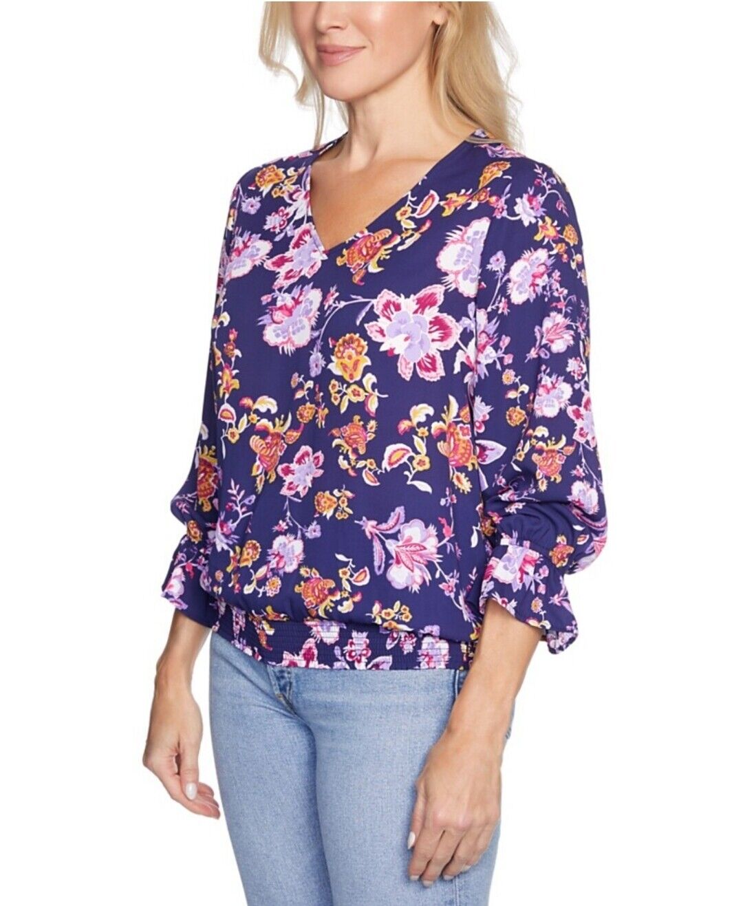 Women's Smocked Hem Long Sleeve Blouse V-Neck Floral