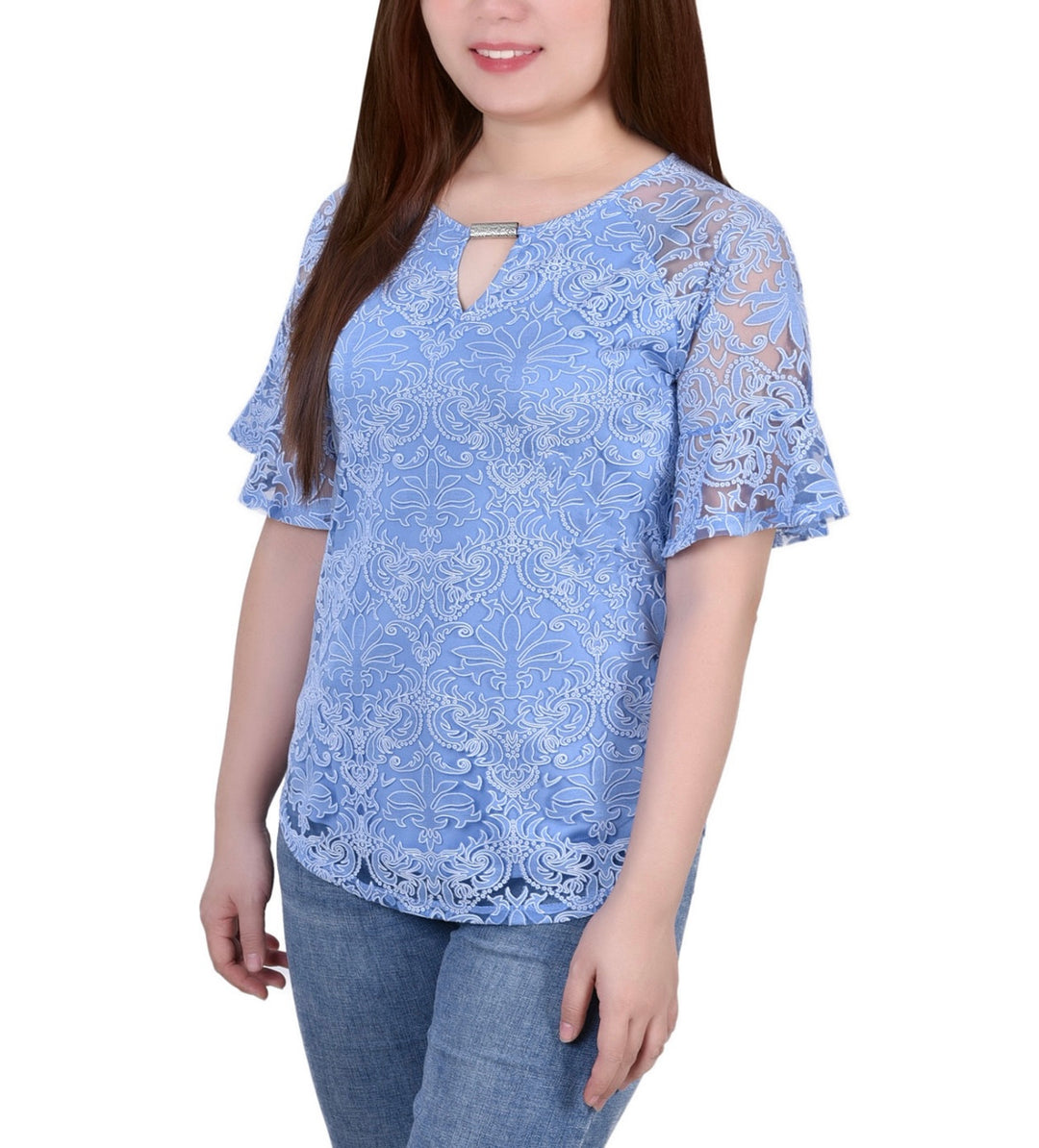 NY Collection Petite Short Bell Sleeve Lace Blouse Blue Size PM