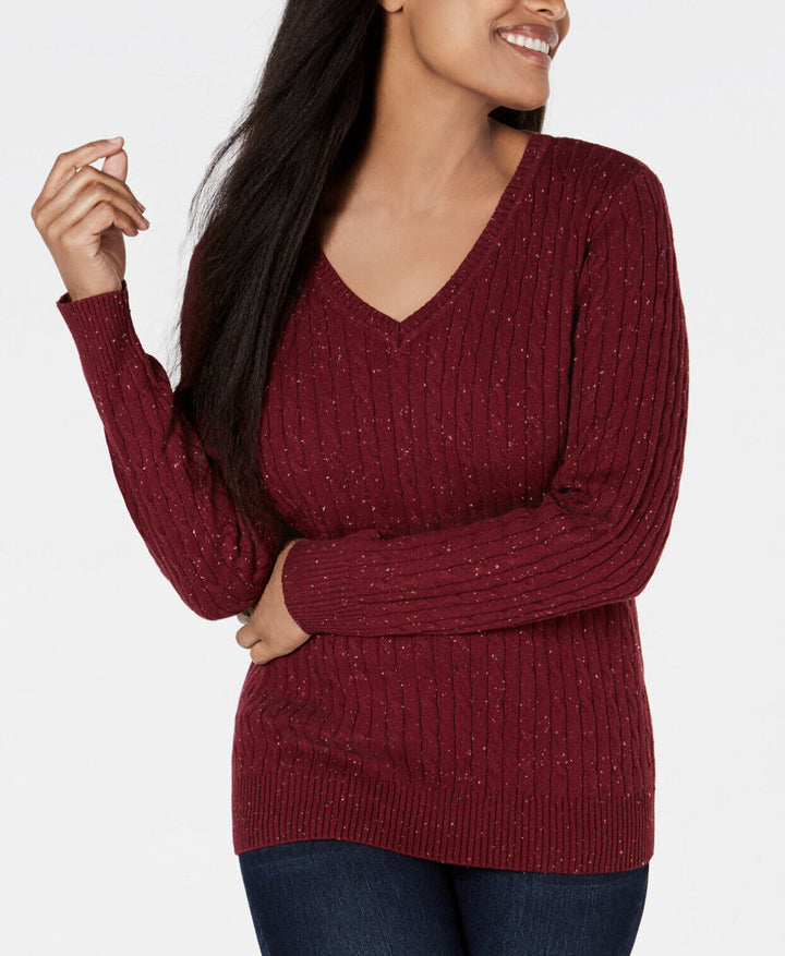 Karen Scott Women's Cable-Knit V-Neck Sweater Merlot Neps Size XS