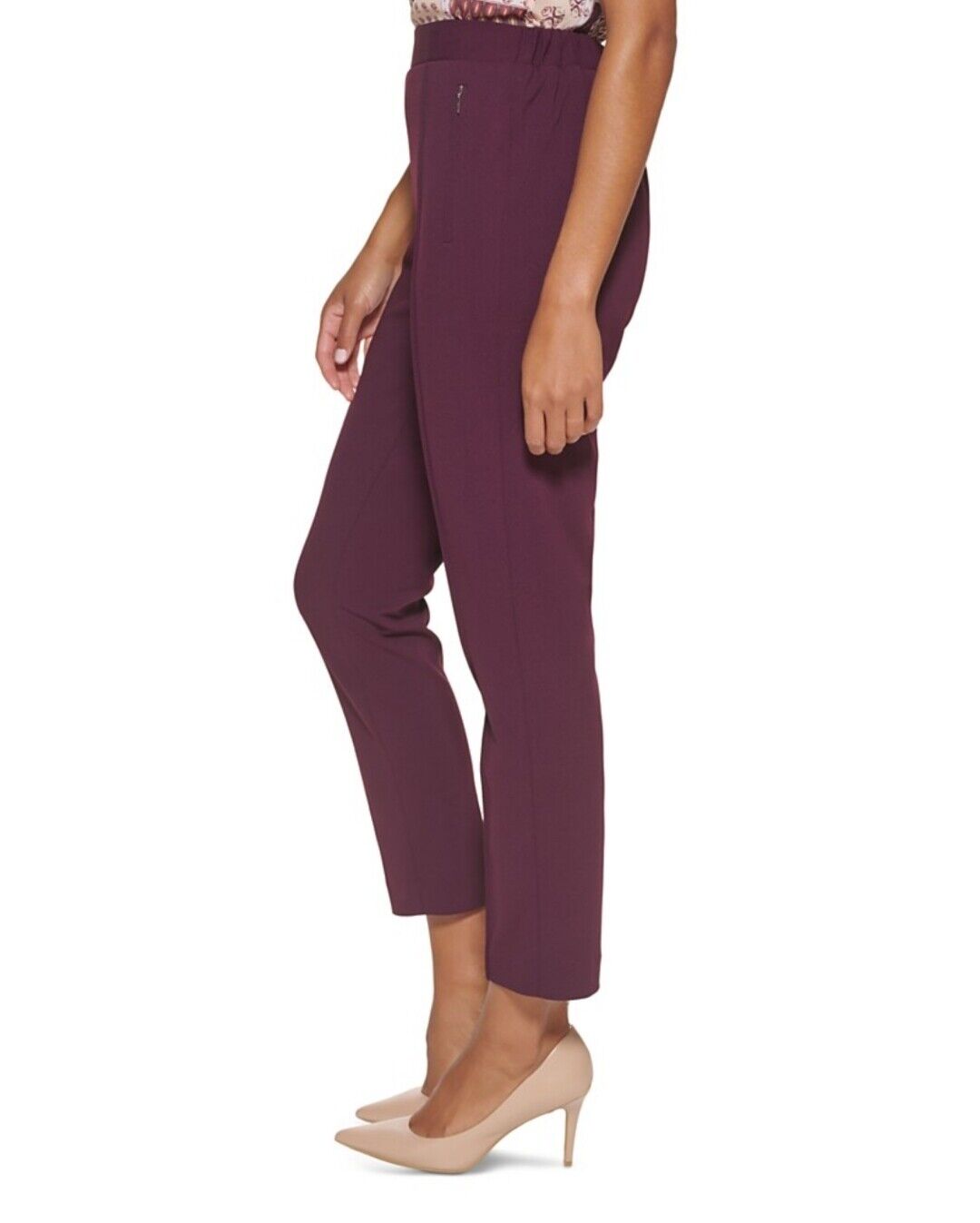 Calvin Klein Women's Aubergine Mid Rise Pleated Straight Pants Elastic Waist