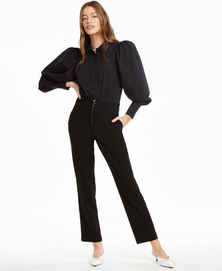 Danielle Bernstein Women's Puff Sleeve Collar Bodysuit Black Size XL