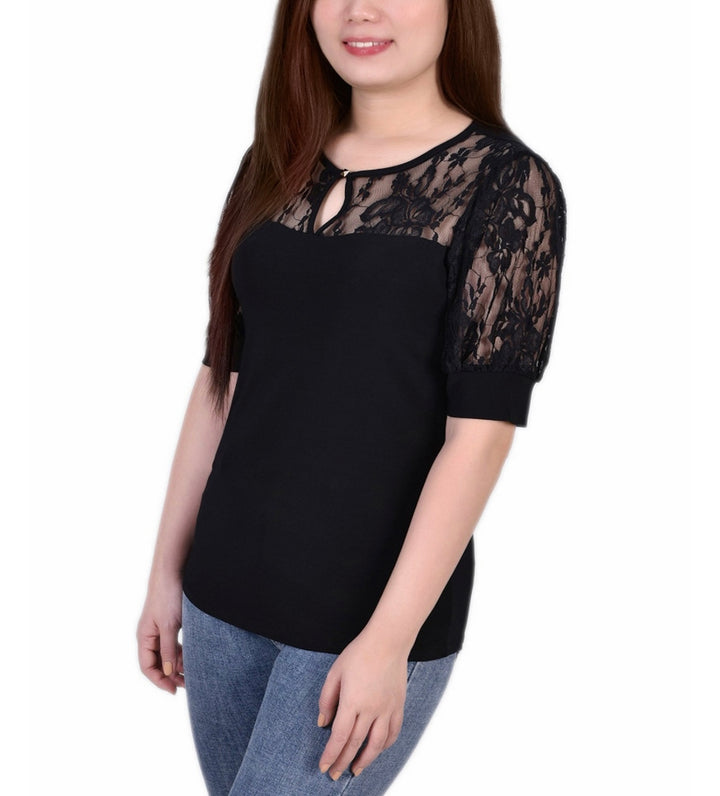 NY Collection Women's Short Puff Sleeve Top Lace Sleeves Yoke