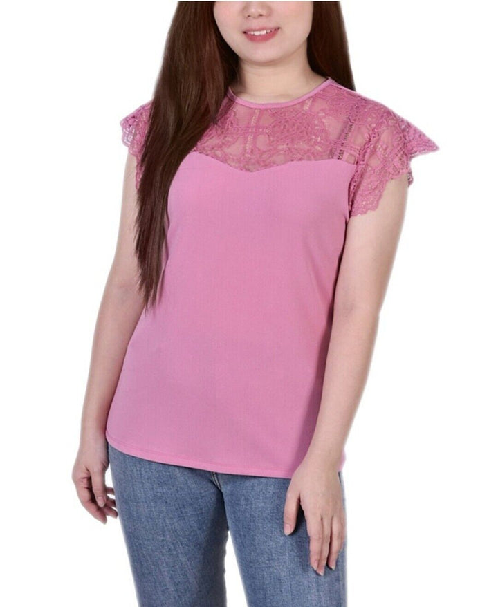 NY Collection Women's Crepe Knit Top with Lace Flanged Sleeve and Yoke