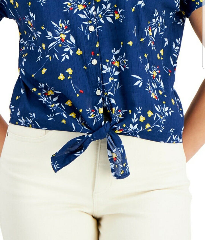 Women's Tie-Front Floral Top Short Sleeve Buttons