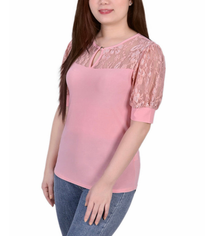 NY Collection Women's Petite Puff Sleeve Lace Top Mellow Rose Size PM