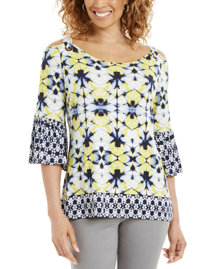 JM Collection Women's Printed Cold-Shoulder Top Bell Sleeve Size PP