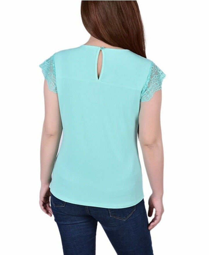 NY Collection Women's Crepe Knit Top with Lace Flanged Sleeve and Yoke