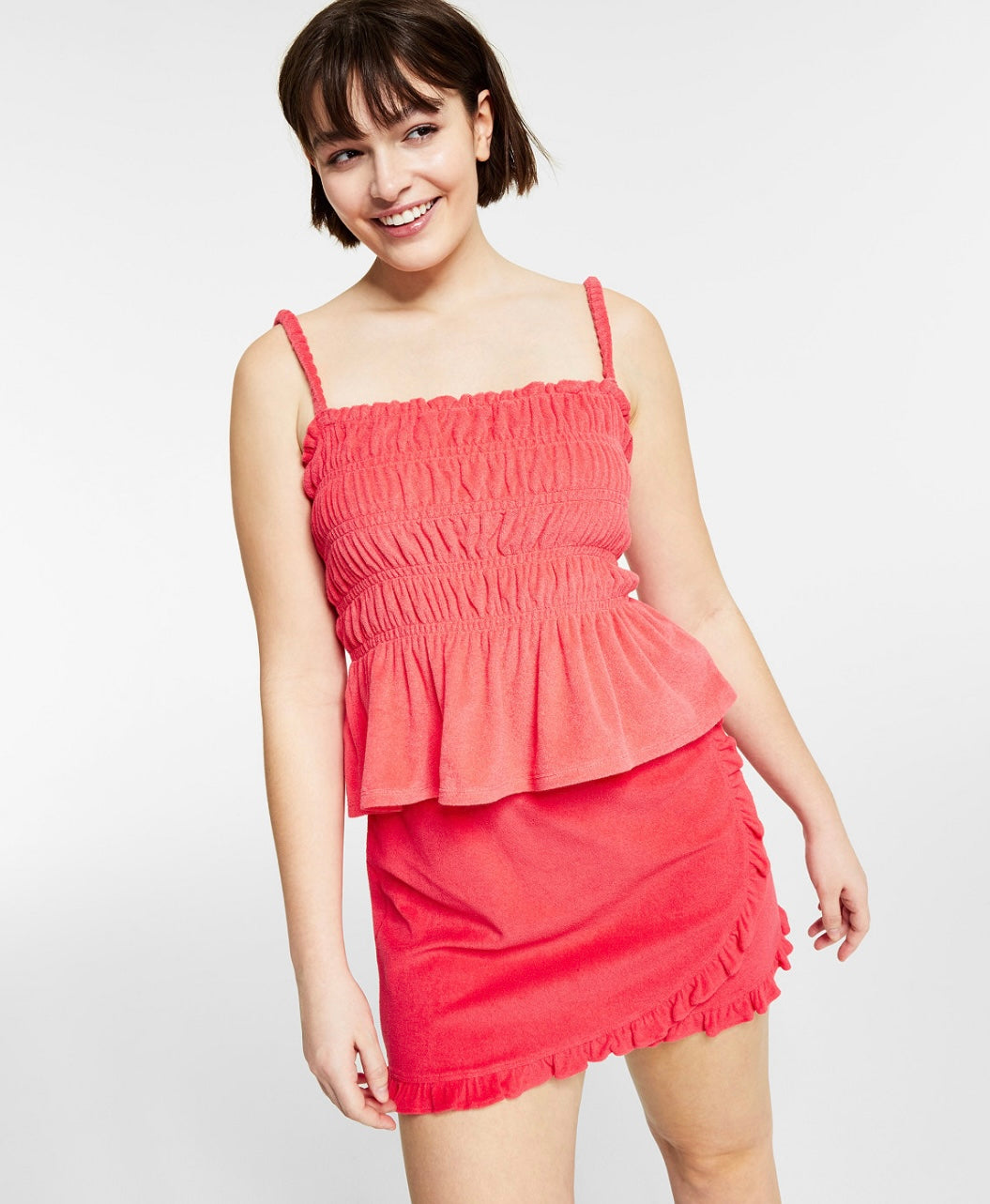 Bar III Women's Square Neckline Terry Ruffled Smocked Top Watermelon Punch