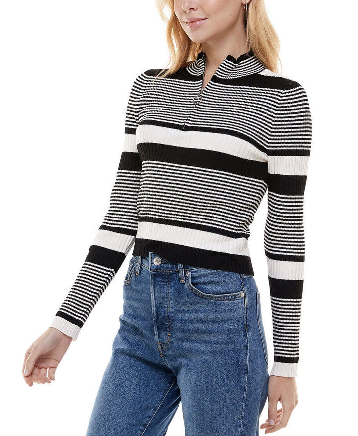 Juniors' Quarter-Zip Ribbed Striped Sweater Black Stripe