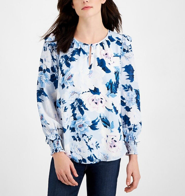Women's Printed Ruffle-Shoulder Top Blue Floral Blouse